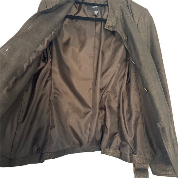 😊Alfani Leather Coat Brown Bronze Lined Jacket Zip Sleeves Pockets Womens Sz M - Picture 10 of 15